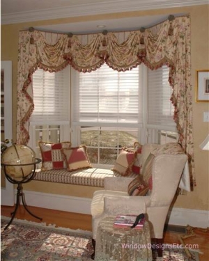 Sterling, MA Bay Window Seat Swags, Cushion, Pillows and Hunter Douglas Silhouette Window Shadings