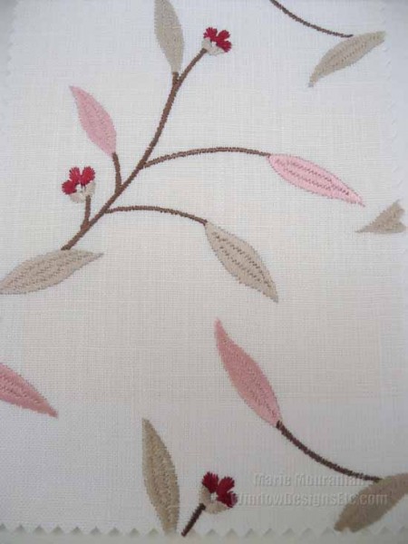 Fabricut embroidered pink and taupe on a linen and rayon blend fabric Spring 2014. Pink home decorating blog post by www.windowdesignsetc.com Marie Mouradian
