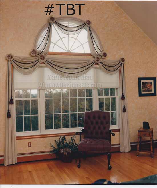 #TBT Throwback Thursday Draped swags with cording and tassels on an arched top window Window Designs Etc by Marie Mouradian Sterling Massachusetts