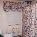 TBT throwback Thursday Holden Massachusetts bathroom features a shower curtain, balloon valance over a Hunter Douglas Silhouette and a custom painted feature below the window circa 1997. More details at www.WindowDesignsEtc.com