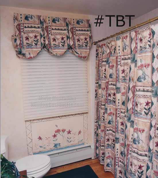 TBT throwback Thursday Holden Massachusetts bathroom features a shower curtain, balloon valance over a Hunter Douglas Silhouette and a custom painted feature below the window circa 1997. More details at www.WindowDesignsEtc.com