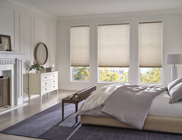 Honeycomb window shades in neutral bedroom Worcester
