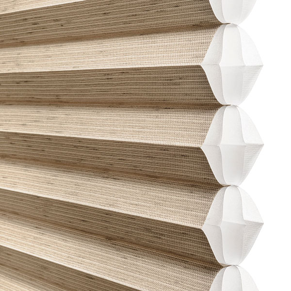 Detailed view of honeycomb shade in light brown color